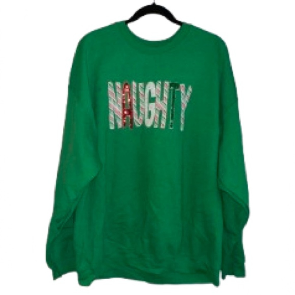 Gildan Green Holiday 'NAUGHTY' Crewneck - Size 2XSweatshirt